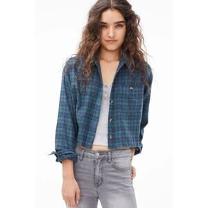 Aeropostale Navy Green Plaid Cropped Flannel Button Up 90s Grunge Skater size XL